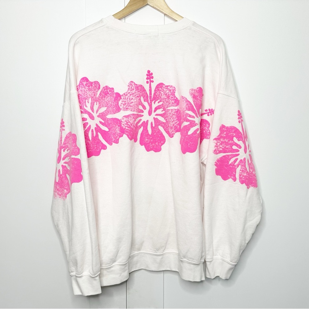 Free People x Tricia Fix Hibiscus Crew Sweatshirt Large hot pink floral Hawaiian - Picture 5 of 9
